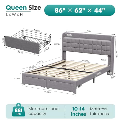 DUMOS Queen Bed Frame, Upholstered Platform Bed Frame with Storage Drawers | Queen Size Bed Frame With Storage Drawers, with Headboard, Wood Bed Slats Support 882 lbs, No Box Spring Needed, Grey - color: Dark Gray, size: Queen (U.S. Standard)