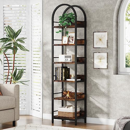 Tribesigns 6단 오픈 책장, 199.9cm(78인치) 높이 아치형 책장 좁은 책장, 금속 프레임, 거실, 홈 오피스용, 독립형 코너 책장 디스플레이 선반, 러스틱 브라운 - color: 러스틱 브라운.