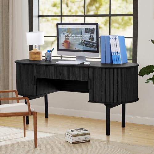 Home Office Oval Desk with Sliding Tambour Door and Drawer, Modern Fluted Wood Executive Computer Storage Desk for Study, Living Room, Bedroom, Office - Black - color: Black