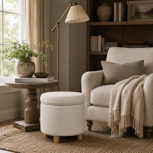 HomePop 19" Round Storage Ottoman - White Woven Stripe - color: White Woven Stripe
