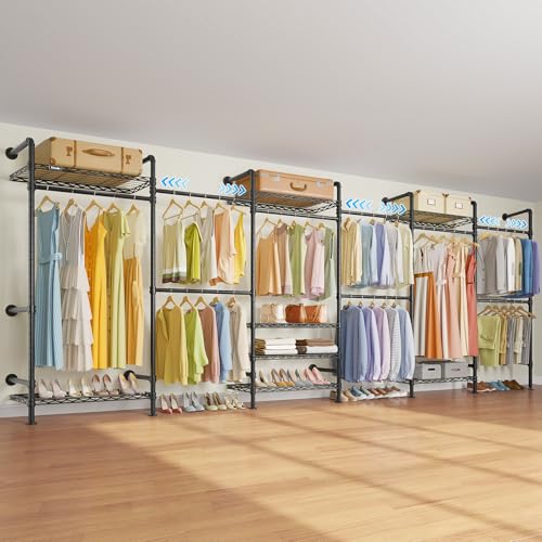 F6 Wall Mounted Clothes Rack - Expandable Industrial Pipe Closet System, Heavy Duty Hanging Garment Rack, Closet Organizer & Storage Solution for Wardrobe, Bedroom,Walk-in Closets,Black - color: Black