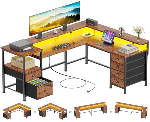 Furologee 66'' L Shaped Computer Desk with 6 Drawers & LED, Rustic Brown | Reversible Large Corner Desk with Printer Storage Shelves,LED Lights,Monitor Stand for Home Office,Working Writing Study - color: Rustic Brown