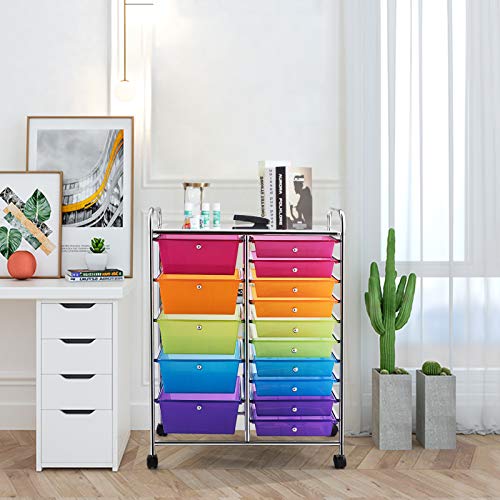 GOFLAME 15-Drawer Rolling Storage Cart, Craft Storage Cart with Removable Drawers & Lockable Wheels, Art Cart Supply Storage Organizer for Home Office Classroom, Rainbow - color: Rainbow, size: 15 drawer-25"x14.5"x34.5"