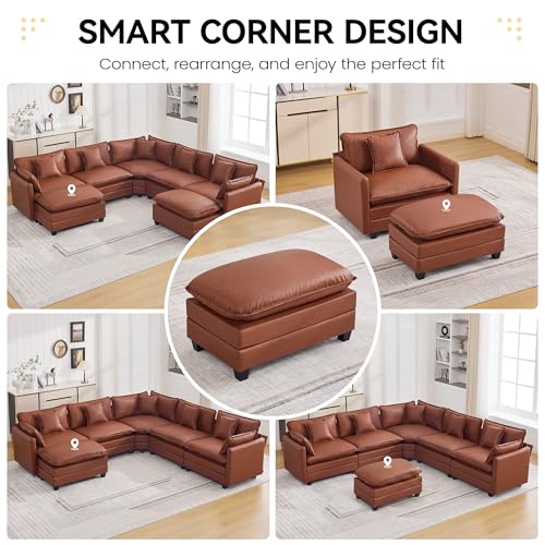 WUTUTUEE 35'' Modern Leather Cloud Sofa Ottoman,Rectangle Ottoman for Modular Sectional Sofa, Leather Brown - color: Pu-dark Brown, size: 35'' Ottoman