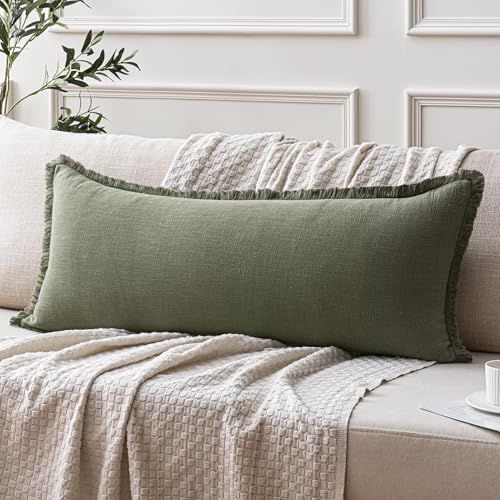 ANRODUO Decorative Linen Fringe Pillow Covers 14×36 Inch Olive Green 1 Pack | Long Throw Pillow Covers Soft Farmhouse Boho Cushion Covers with Tassels Lumbar Pillowcase for Bed Couch Sofa Living Room - color: Olive Green, size: 36" x 14" (Pack of 1)