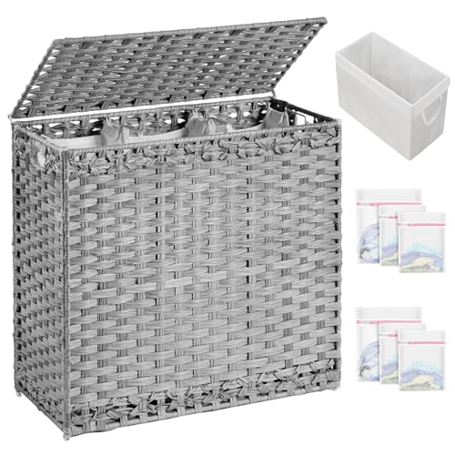 SETVSON Laundry Hamper with Lid Laundry Basket 132 L PE Rattan, Gray | 35 Gal PE Rattan Hamper with Lid, 4 Removable Washable Liners, 6 Mesh Laundry Bags, Steel Frame, Side Handles - color: Grey, size: 35.0 Gal