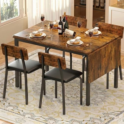 IRONCK 5-Piece Extendable Dining Table Set, 63" Kitchen Table with 4 Chairs | Space-saving Dining Table Set with Extendable Drop Leaf Design, MDF Top and 4 Upholstered Chairs for Kitchen or Dining Room