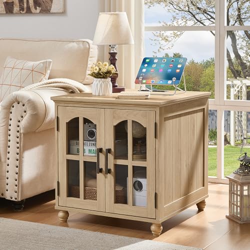 RWYHG Farmhouse 24" End Table with Charger, Glass Barn Door, Natural | USB Ports, Solid Wood Legs, Adjustable Storage Shelf, Square Bedside Table for Living Room,Bedroom - color: Natural Wood, size: Set 1