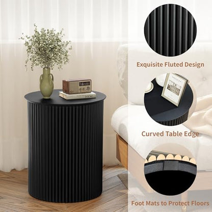 Round Fluted Side Table Set of 2, 17.7" Mid-Century Modern End Tables, Wooden Bedside Table Round Nightstand Small Circle Sofa Accent Table for Living Room, Bedroom Home(Black) - color: Black, size: 17.7"D x 17.7"W x 21.6"H