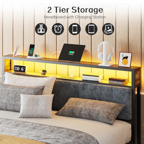 OLEVS Queen Size Bed Frame with Charging Station & LED Light, 2-Tier Storage Headboard & Footboard, Noise-Free Metal Platform Bed No Box Spring Needed, Easy Assembly - size: Queen