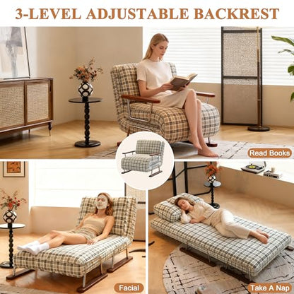 JASIWAY Single 3 in 1 Convertible Sofa Bed Chair with Adjustable Backrest, Checkered Fold Out Chair Bed with Pillow Fits for Small Space, Living Room, Bedroom, Ergonomic Comfort, Chestnut Brown