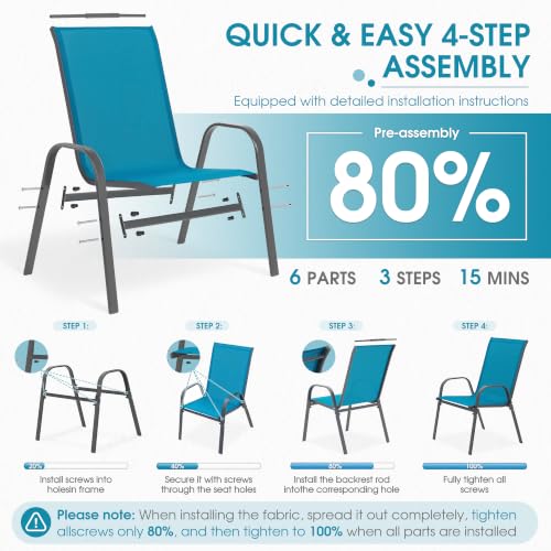 24.4" Wide Outdoor Patio Stackable Chairs Set of 4, Blue | Stacking Patio Chairs with Textilene Fabric, Outside Furniture for Garden Backyard Balconie Poolside Deck - color: 4 Blue Chairs