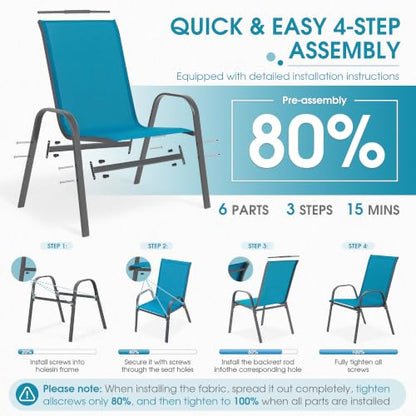 24.4" Wide Outdoor Patio Stackable Chairs Set of 4, Blue | Stacking Patio Chairs with Textilene Fabric, Outside Furniture for Garden Backyard Balconie Poolside Deck - color: 4 Blue Chairs