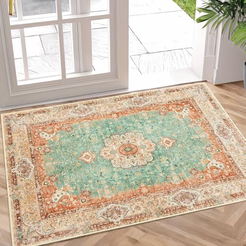 Small Rugs 2x3,Boho Rug for Entryway Bathroom Entrance Doormat | Vintage Bohemian Distressed Farmhouse Washable Accent Floor Throw Carpet Non Slip,Retro Orange Green Floral - color: Retro Orange, size: 2'x3'