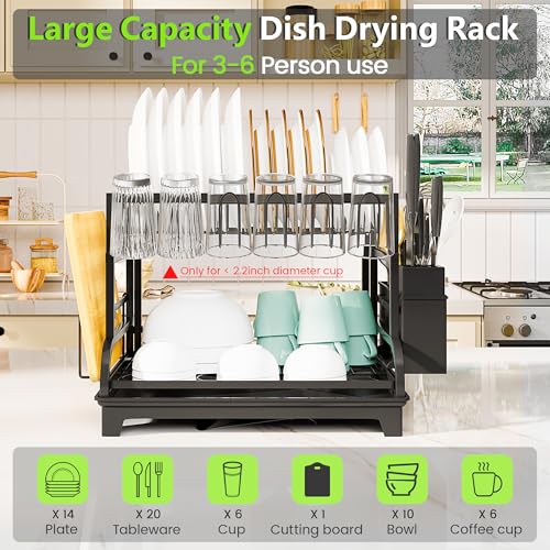 2-Tier Foldable Dish Drying Rack with Drainboard, Stainless Steel Large Capacity Kitchen Counter Organizer with Cup Holder, Utensil & Cutting Board Storage, No Assembly Required, Black
