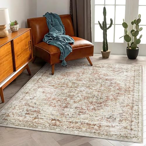 CHAMPLANT Washable Area Rug 3'x5' Vintage Traditional Floor Cover Foldable Thin Rugs Retro Kitchen Indoor Distressed Non Slip Carpet Floral Print Mat Bedroom Living Room - color: Rust-colored Vintage Flowers, size: 3' x 5' (Rectangular)
