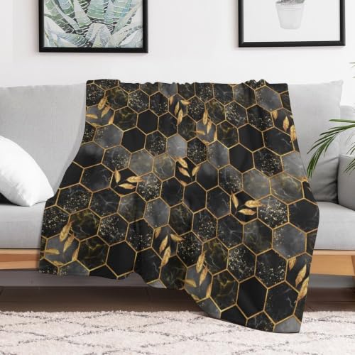 Marble Throw Blanket Black Honeycomb Grid Golden Leaves Pattern Soft Lightweight Warm Plush Blankets for Sofa Bedroom 60"x80" - color: Marble-10, size: 60"x80"