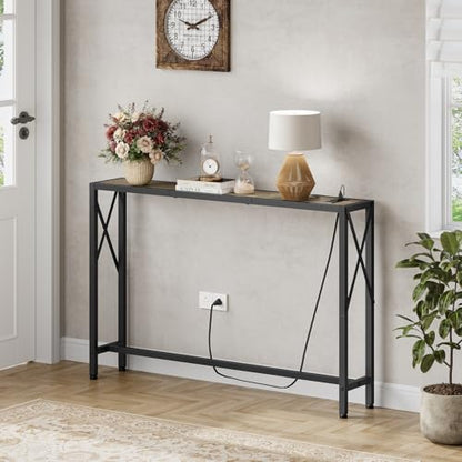 Gewudraw Narrow Console Table with Socket, Sofa Table Behind Couch | 41.8" Couch Table, Industrial Style, Long Skinny Design,For Hallway,Living Room,Bedroom, Built-In Outlets & USB,140cm Length - color: Light Grapefruit, size: 41.7 in