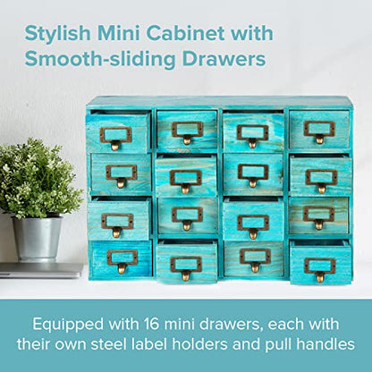 Teal 16-Slot Wooden Drawer Unit - Country Style Desk Organizer Box - 20"x3.6”x14” Wooden Storage Box w/ 16 Drawers - Countertop Drawers w/Label Holder & Handle - Slim 4-Level Desk Organizer - color: 16 Drawer Turquoise Teal