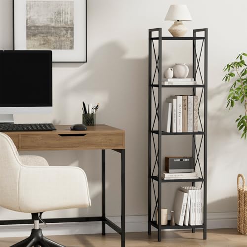 Homhedy 5 Tier Small Bookshelf, Tall Narrow Bookcase, Metal Book Shelf | Industrial Style for Small Spaces, Home, Office, Living Room, Kitchen, Bedroom , 10.4" D x 13" W x 55.1" H, Black - color: Black, size: 10.4"D x 13"W x 55.1"H