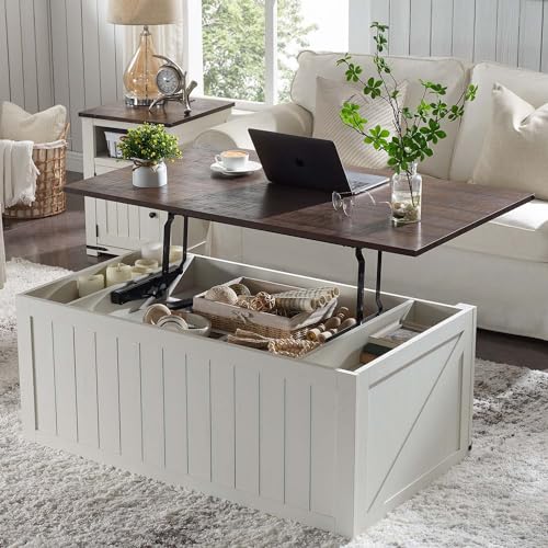 IFGET 48" Lift Top Coffee Table, Farmhouse Cocktai with Sliding Groove Barn Door, Rustic Wood Center Table w/Double Storage Spaces for Living Room, White - color: White
