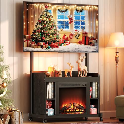 Fireplace TV Stand with Mount for 45/55/60/65/75 inch TVs, Corner Entertainment Center with Power Outlet and 18" Electric Fireplace, Height Adjustable TV Console for Living Room Bedroom, Black - color: Black