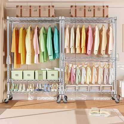 M MZG Heavy Duty Rolling Garment Rack 3 Tiers Adjustable Wire Shelving Clothes Rack with 2 Rods and Side Hooks, Storage Closet Clothing Rack with Wheels Chrome 17.7" D x 47.2" W x 83.6" H - color: Chrome, size: 3 Tiers with 2 rods, 17.7"D x 47.2"W x 83.6"