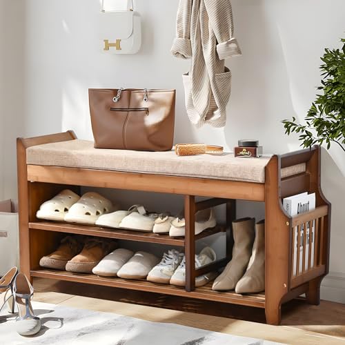 PETKABOO Shoe Bench with Hidden Drawer and Side Holder, 2 Tier Entryway Bench with Storage 39.4 in, Bamboo Shoe Rack with Cushion for Entryway Hallway Living Room Bedroom - size: 39.4"