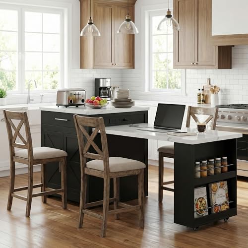 Kitchen Island with Extendable Dining Table for 4-6, Farmhouse Rolling Mobile Center Islands with Storage, Wine Glass Rack, Charging Station, 2 Drawers 2 Side Open Shelves, White marble-patterned - color: White&marble
