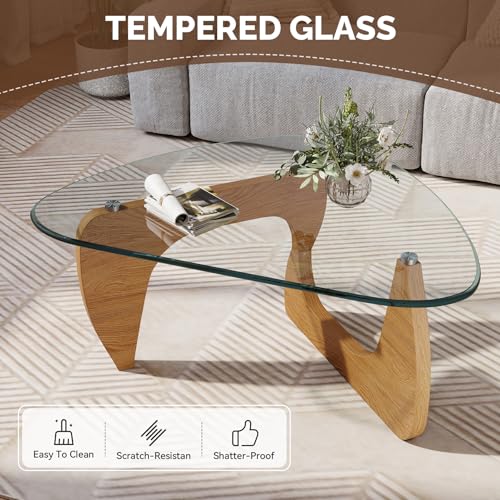 Modern Glass Coffee Table, Triangle Center Table with Tempered Glass Top& Unique Wooden Base, 31.5” Mid Century Tea Tables for Living Room, Apartment, Office,Wood &Transparent - color: Wood & Transparent, size: Small 31.5*19*15.7in