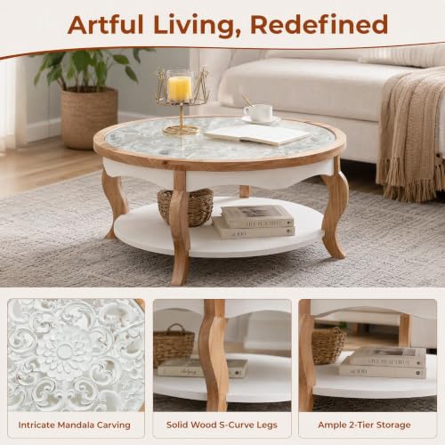 French Country Round Glass Coffee Table, 2-Tier Distressed Circle Storage Center Table with Curved Legs & Removeable Glasstop for Living Room - color: Antique White