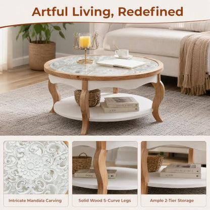 French Country Round Glass Coffee Table, 2-Tier Distressed Circle Storage Center Table with Curved Legs & Removeable Glasstop for Living Room - color: Antique White