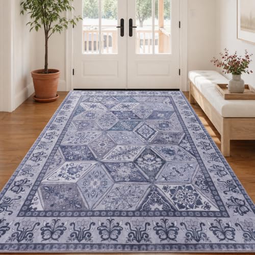 Moroccan Washable Area Rug 4x6 Vintage Patchwork Rug for Bedroom, Blue/Grey | Distressed Geometric Floral Nursery Rug, Non Slip Low Pile Boho Carpet for Office Dorm Entryway - color: Blue/Grey, size: 4x6 Feet