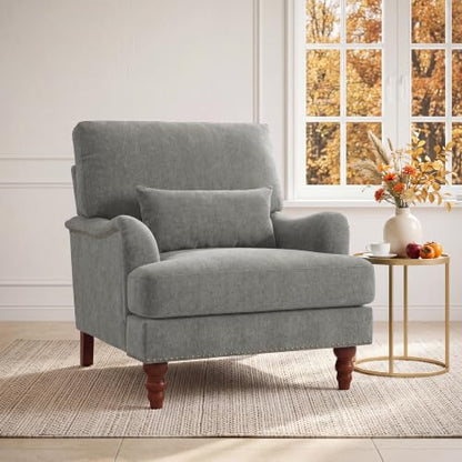 Mid-Century Modern Accent Chair with Lumbar Pillow, Light Brown, 1 Pack | Upholstered Chenille Armchair, Solid Wood Frame & Legs, Comfy Reading Lounge Sofa for Living Room Bedroom, & Small Spaces - color: Chenille Light Brown, size: 1 Seat