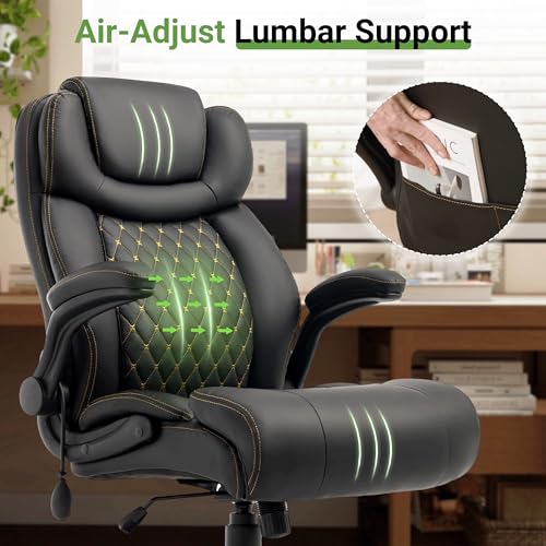 Office Chair, Big and Tall Executive Chair with Air-Lumbar Support, Breathable Desk Computer Chair with Adjustable Flip-up Armrests, Wide Cushion Seat Swivel Home Office Chair - color: Black