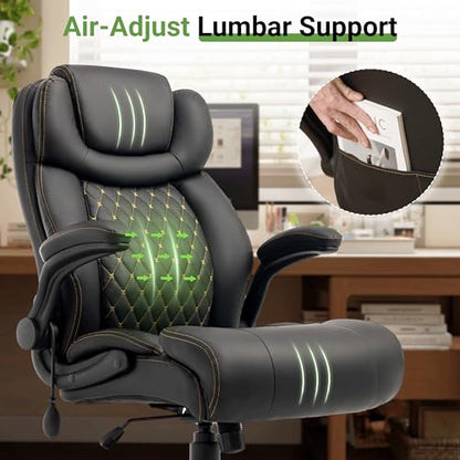 Office Chair, Big and Tall Executive Chair with Air-Lumbar Support, Breathable Desk Computer Chair with Adjustable Flip-up Armrests, Wide Cushion Seat Swivel Home Office Chair - color: Black