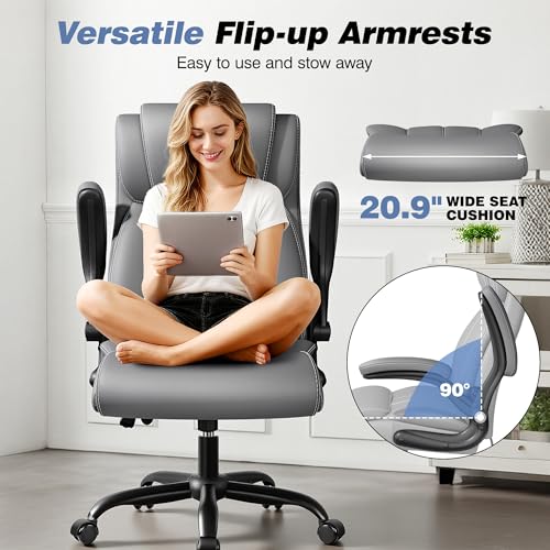 BESTFAIR High Back Office Chair, Adjustable Lumbar Support, Rocking, Gray | Inflatable Lumbar Eases Lower Back Fatigue, Padded Flip-Up Armrests, 21" Wide Seat, Scratch-Resistant PU Leather, 2 Pack - color: Grey, size: 2 Pack