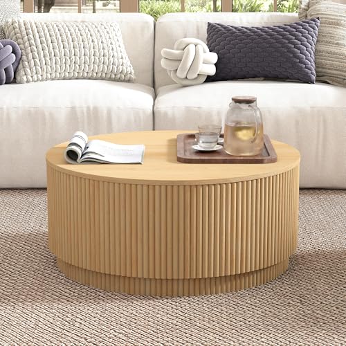 LEVNARY 31.5" Round Coffee Table with Storage, Boho Coffee Tables with Fluted Base, Wooden Circle Accent Center Table for Living Room Small Space Apartment Office (Natural) - color: Natural 31.5" Round Flip-top