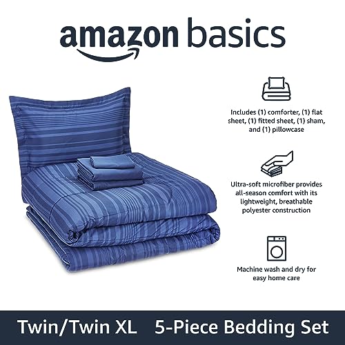 Amazon Basics Twin/Twin XL Comforter Set with Sheets, 5-Piece Blue Calvin Striped Bedding, Lightweight Microfiber Bed-in-a-Bag, Machine Washable - color: Blue Calvin Stripe, size: Twin/Twin XL, style: 1-Pack