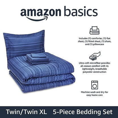 Amazon Basics Twin/Twin XL Comforter Set with Sheets, 5-Piece Blue Calvin Striped Bedding, Lightweight Microfiber Bed-in-a-Bag, Machine Washable - color: Blue Calvin Stripe, size: Twin/Twin XL, style: 1-Pack