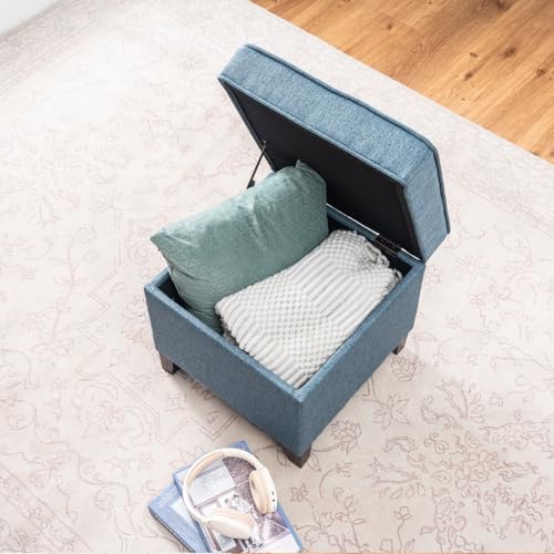 Linen Storage Ottoman with Wooden Legs, 17" Square Upholstered Flip-Top Footrest Stool, Extra Seat or Coffee Table for Living Room, Bedroom, Entryway, Blue - color: Blue
