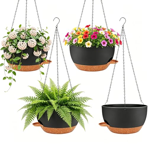 Set of 4-8 Inch Self Watering Hanging Planters for Indoor Outdoor，Hanging Plant Pots with Drainage & Removable Tray, Hanging Pots Holder for Ivy, Pothos, Ferns, Balcony & Patio, Black Brown - color: Black Brown, size: 4 pack 8 inch
