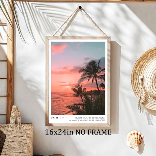Pink Palm Tree Wall Art Trendy Summer Prints Landscape Coastal Painting Pink Sky Poster Sunrise Sunset Picture Beach Scenery Poster Coconut Tree Painting Tropical Plant Artwork Room 16x24in Frameless - color: C6Unframed