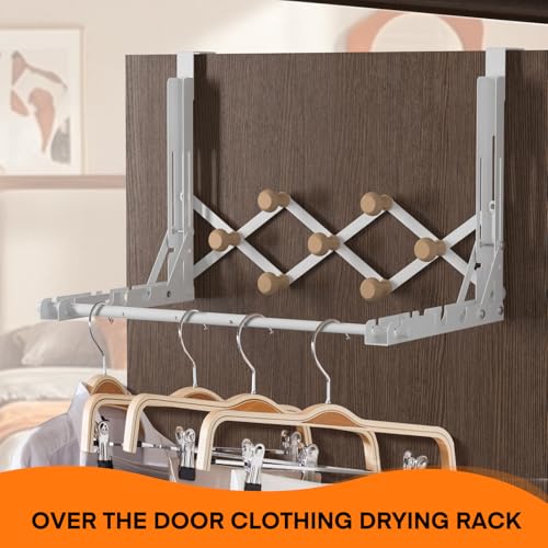 FYY Over the Door Drying Rack, Foldable with 7 Hooks for Laundry Bathroom | Heavy Duty Metal, Adjustable Width, Hanging Towels Clothes, Space-Saving for Dorm Bedroom, Fits Doors up to 1.65"