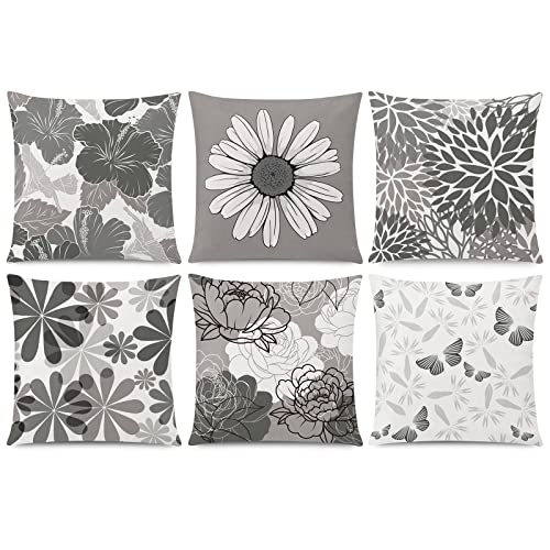 COMMINY Grey Pillow Covers 18x18 Set of 6 Decorative Daisy Flower Throw Pillow Cover for Couch Modern Cushion Cover for Patio Living Room Cushion Bed Farmhouse Home Decor | Flower Bloom, Farmhouse Cushion Cover, Breathable Linen, Standard Throw Pillow Siz