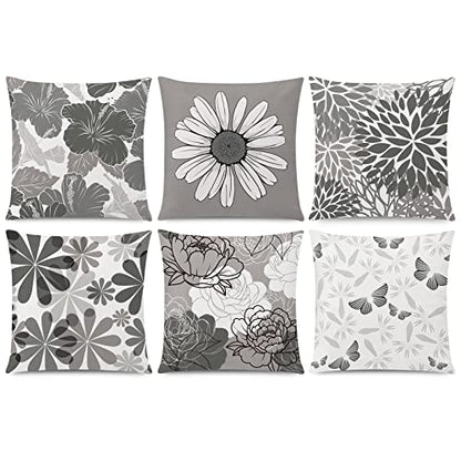 COMMINY Grey Pillow Covers 18x18 Set of 6 Decorative Daisy Flower Throw Pillow Cover for Couch Modern Cushion Cover for Patio Living Room Cushion Bed Farmhouse Home Decor | Flower Bloom, Farmhouse Cushion Cover, Breathable Linen, Standard Throw Pillow Siz