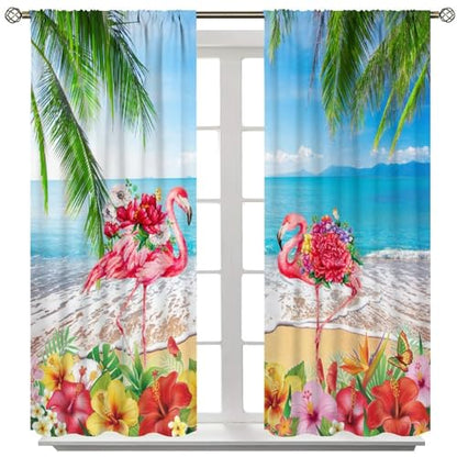 Summer Flamingo Curtain, Ocean Beach Tropical Palm Leaf Window Drapery Treatments for Bedroom Living Room Kitchen Bathroom 42" W X 45" L(No Blackout) - color: Flamingo-6, size: 20.5"W x 45"L (Pack of 2)