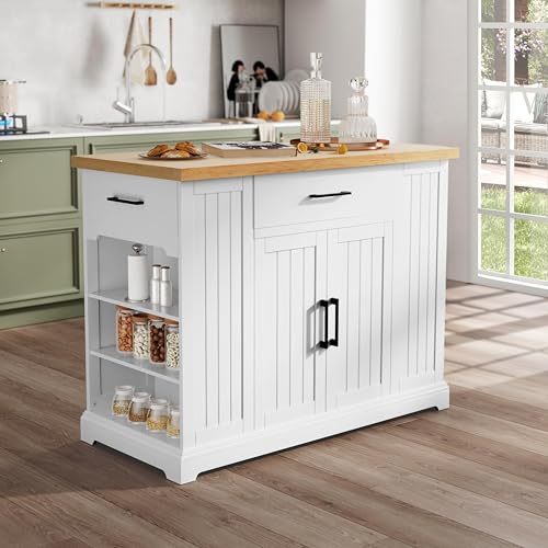 Yaheetech Rolling Kitchen Island Cart with 3 Drawers & Open Shelves, White | Mobile Kitchen Island with Storage on Wheels with Adjustable Shelves, Thick Rubberwood Top for Dining/Living Room/Kitchen Bar - color: White