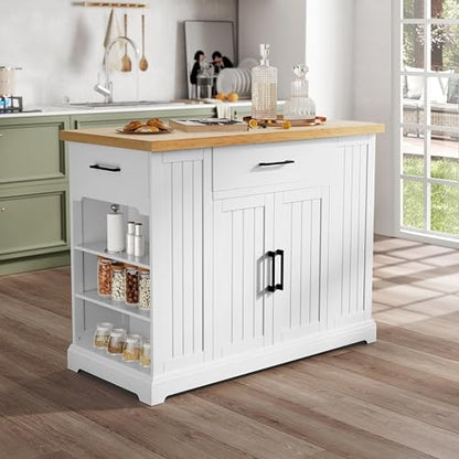 Yaheetech Rolling Kitchen Island Cart with 3 Drawers & Open Shelves, White | Mobile Kitchen Island with Storage on Wheels with Adjustable Shelves, Thick Rubberwood Top for Dining/Living Room/Kitchen Bar - color: White