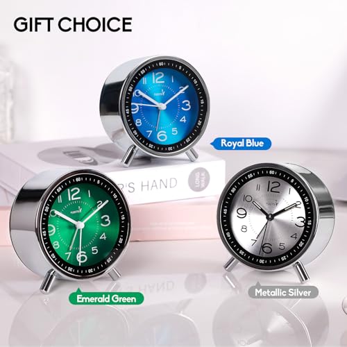 FLOITTUY Super Silent Metal Alarm Clock,Beep Wake Round Alarm Clock with Strip Night Light,Battery Operated,Easy Set,Simple & Retro for Desk, Bedroom and Home Decoration(Metallic Silver) - color: Metallic Silver